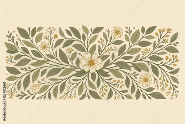 Fototapeta Elegant botanical border illustration featuring eucalyptus leaves and chamomile flowers in soft green and yellow tones, perfect for invitations, stationery, and decorative design projects