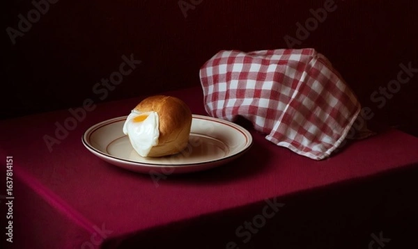 Obraz Egg and bread on burgundy surface