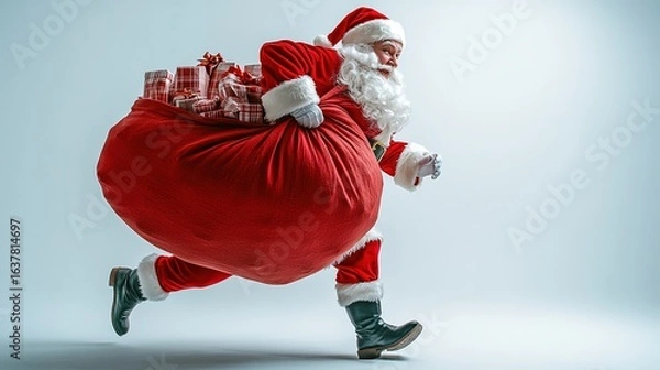 Obraz Minimalist white background with Santa Claus running carrying large red sack of gifts, side view wide-angle shot, high quality for Christmas cards, social media posts, and festive decoration designs.