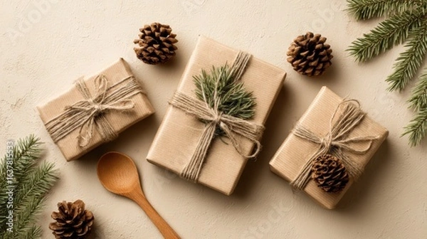 Fototapeta Holiday Presents with Rustic Brown Paper Wrapping, Pinecone Decorations, and Natural Twine on Beige Backdrop