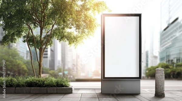 Obraz Blank Billboard on Urban Sidewalk: Outdoor Advertising Mockup in Cityscape with Greenery