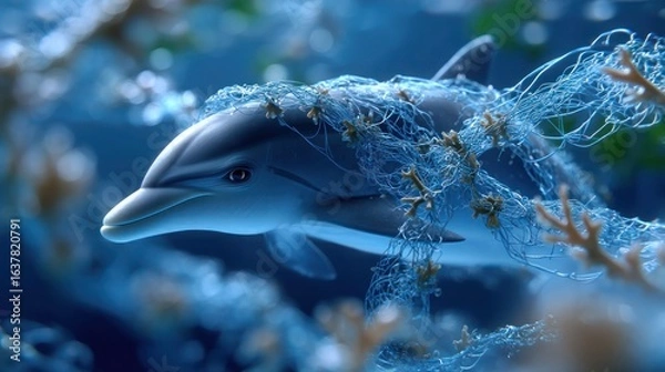 Fototapeta Realistic 3D Render of Dolphin Entangled in Plastic Waste Underwater Highlighting Ocean Pollution Crisis

