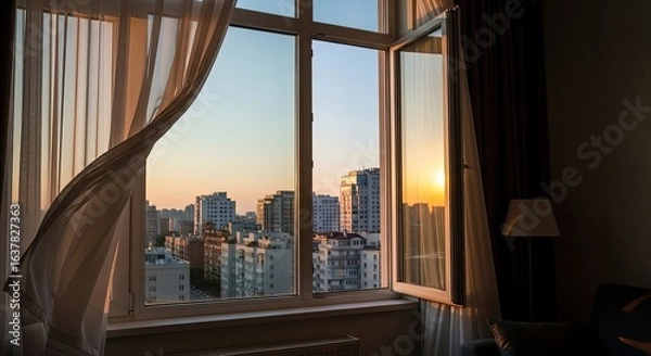 Fototapeta Golden Hour Over the City Through an Open Window with a Billowing Sheer Curtain