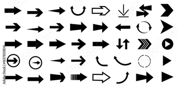 Fototapeta Various arrow symbols displayed on a white background. The collection includes straight, curved, and circular arrows pointing in multiple directions