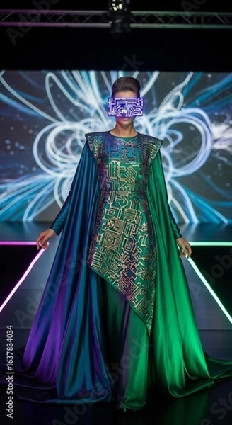Fototapeta Futuristic Fashion Model with LED Visor and Gradient Gown on Runway