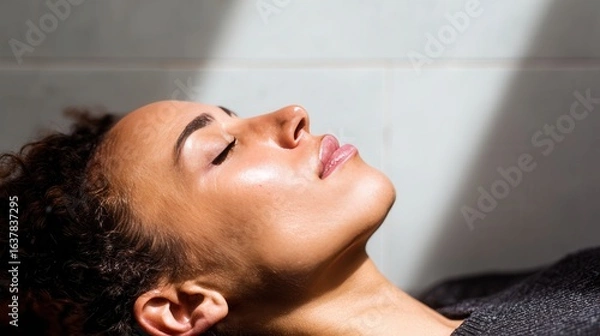 Fototapeta Woman relaxing in sunlight with eyes closed, peaceful expression, serene mood