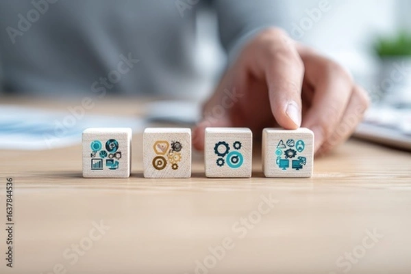 Fototapeta Close-up of hands arranging small wooden blocks, each with different abstract icons, on a light-brown wooden surface