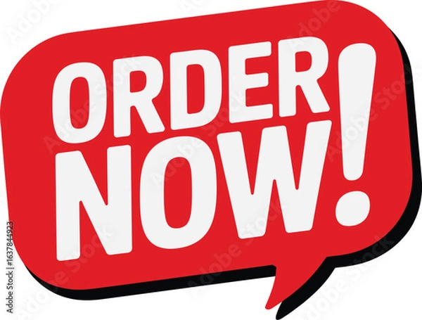 Fototapeta Order Now speech bubble vector with bold white text on red background for urgent retail promotions and ecommerce callouts