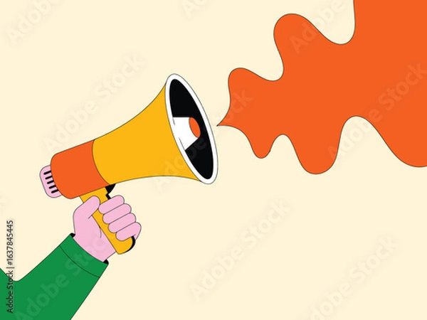 Fototapeta Hand holding megaphone with orange speech bubble — vector illustration for alerts, campaigns, notifications, and promotions