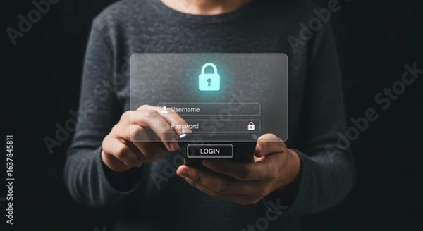 Fototapeta Secure Access: Person Using Mobile Device for Login with Password and Lock Icon Interface