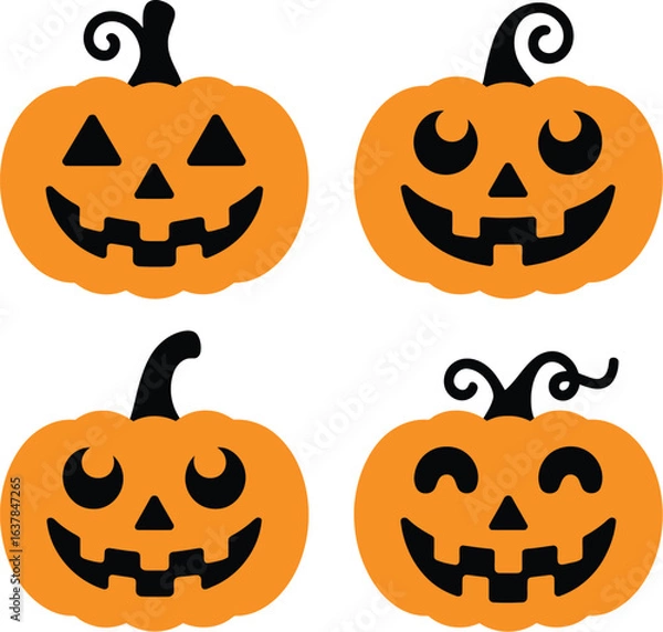 Fototapeta Cute Cartoon Jack-o'-Lantern Set – Halloween Pumpkin Faces with Fun Expressions for Seasonal Decor and Festive Design