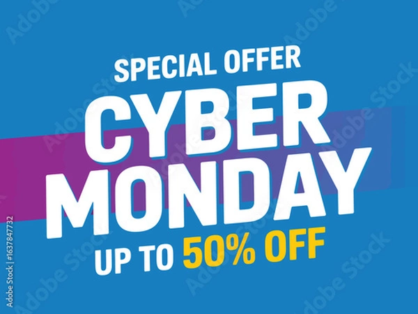 Fototapeta Cyber Monday special offer vector with bold white text, purple stripe, and yellow discount highlight for ecommerce marketing