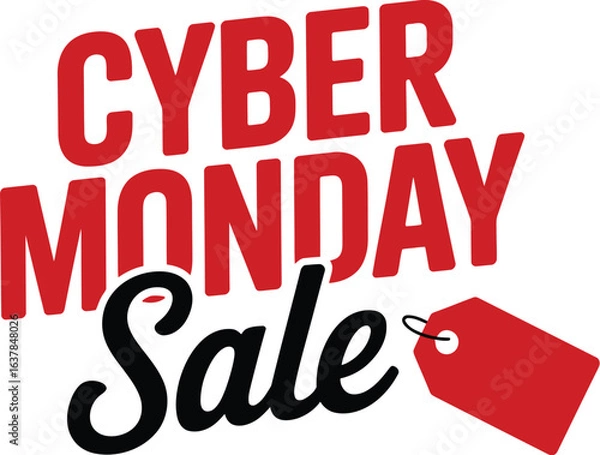 Fototapeta Cyber Monday vector text with red bold font and black cursive sale tag for ecommerce deals, online shopping, and marketing