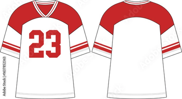Obraz oversized varsity t shirt with dropped shoulder and v neck jersey with number print fashion flat sketch vector illustration technical cad drawing template