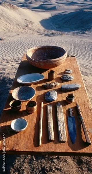 Obraz Archaeological artifacts on a wooden table in a desert