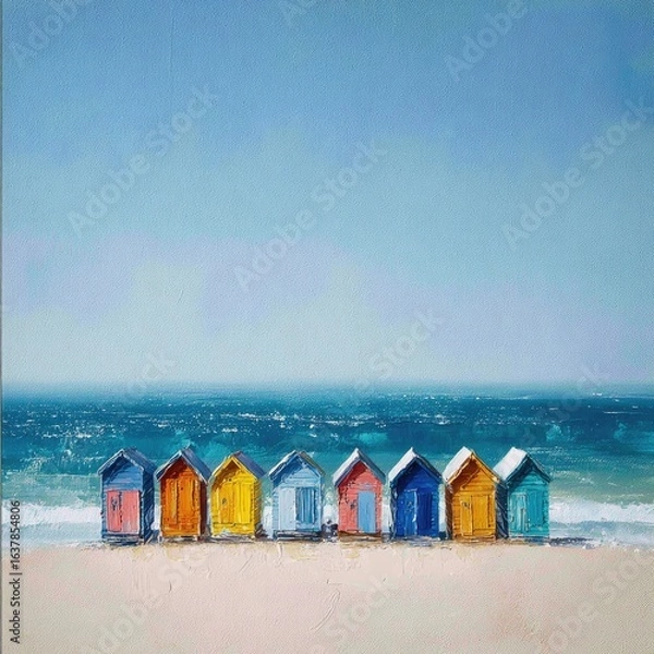 Obraz Colorful beach huts line a sandy shore on a bright day