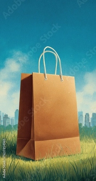 Obraz Brown paper shopping bag on grassy field, cityscape in background
