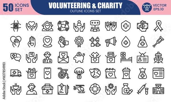 Obraz Volunteering and charity web icons in line style collection. Donate, donor, doctor, care, help, support, collection. Vector illustration.