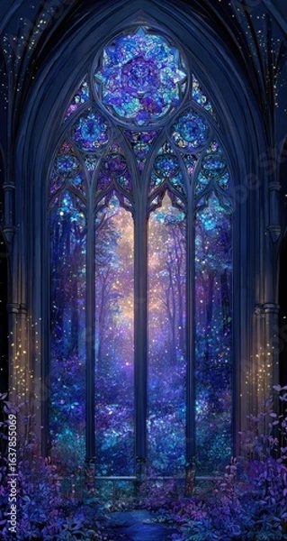 Obraz Gothic stained-glass window, vibrant forest scene