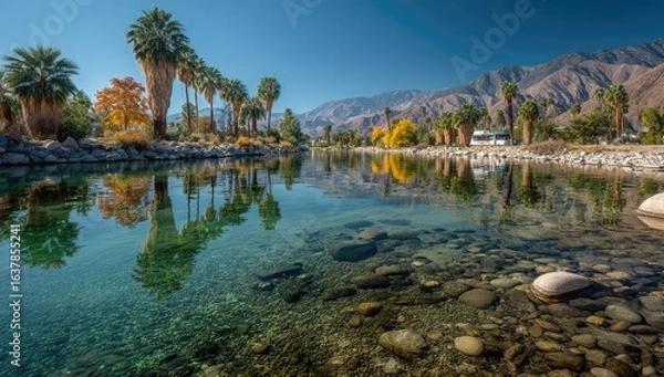 Obraz Crystal-clear river reflecting palm trees and mountains