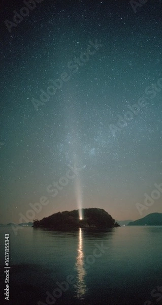 Obraz Night sky over a tranquil island, illuminated by a beam of light