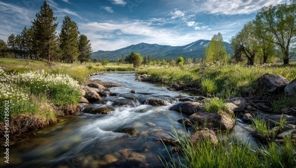 Obraz Stream flowing through meadow, mountains backdrop