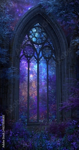 Obraz Gothic archway window to a starry, vibrant forest