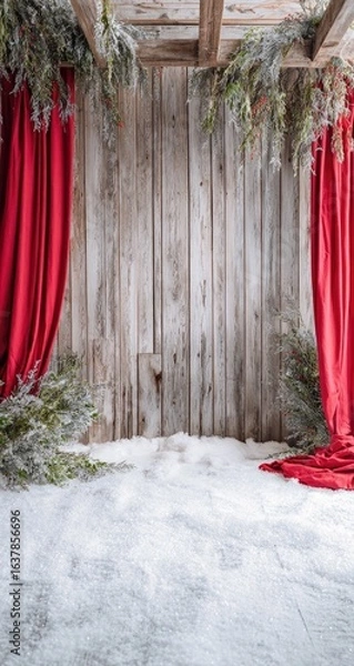 Obraz Red curtains, snow, wood wall, festive