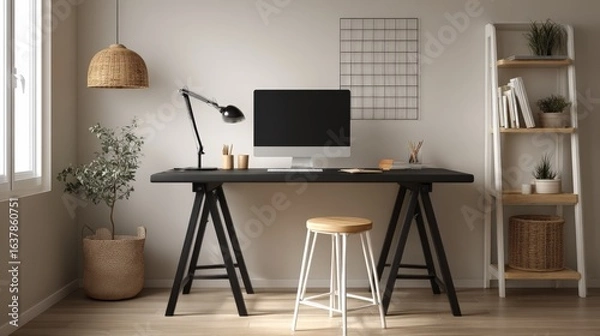 Fototapeta Home Office Setup with Modern Desk, Computer, Stool, and Decor for Creative Workspace