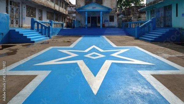 Obraz Blue painted star design on courtyard steps