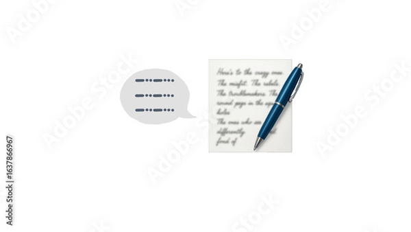 Fototapeta Capture thoughts instantly! This image features a pen, paper, and speech bubble, perfect for illustrating note-taking, communication, or creative ideas. Ideal for education, business, and concept art.