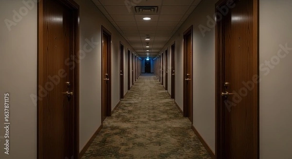 Fototapeta Symmetrical Vanishing Point in a Dimly Lit, Mysterious Hotel Corridor