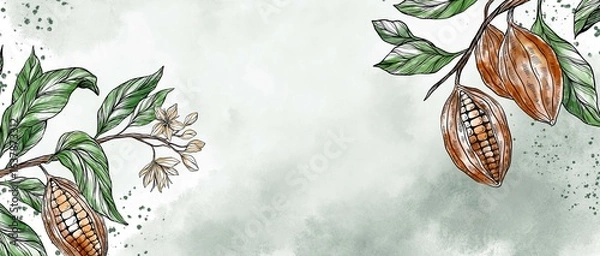 Fototapeta Watercolor botanical banner illustration of cocoa pods and leaves, perfect for chocolate branding, cafe menu, packaging, or decorative food and drink designs. Copy space, floral frame.