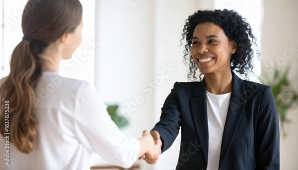 Fototapeta Portrait of Cheerful Young Manager Handshake with New Employee