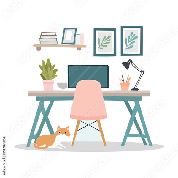 Fototapeta Comfortable home office workspace with a computer on a desk, a pink chair, and a pet cat. Modern interior design for remote work or study.