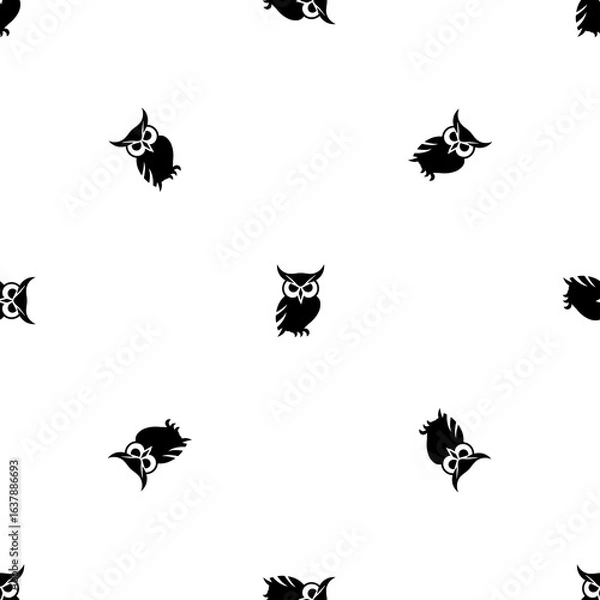 Fototapeta Seamless pattern of repeated black owl symbols. Elements are evenly spaced and some are rotated. Illustration on transparent background