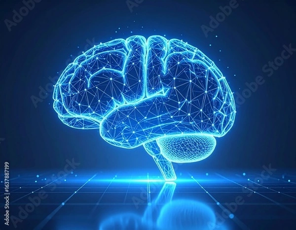 Fototapeta Glowing wireframe brain form built from interconnected points and thin neon lines.