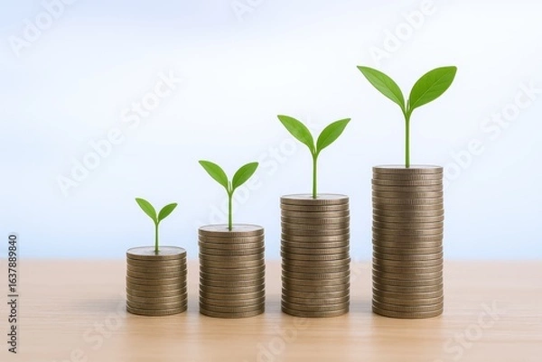 Fototapeta Financial Growth Concept with Coin Stacks and Seedlings Symbolizing Investment and Sustainable Development on a Wooden Table