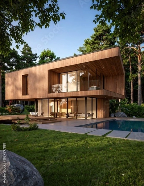 Fototapeta Modern wood house nestled in a forest with a pool and patio