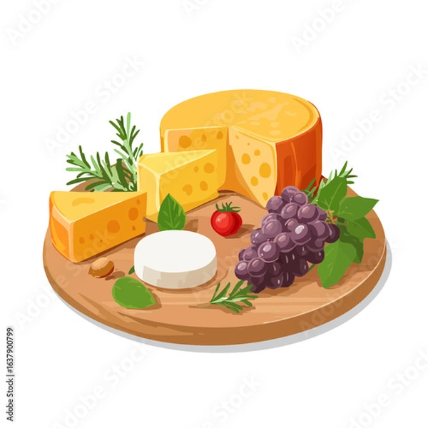 Obraz Cheese platter illustration with yellow cheeses, soft white cheese, grapes and tomato.
