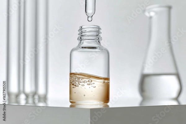 Obraz Pipette adding drop to glass bottle with serum, laboratory glassware in background