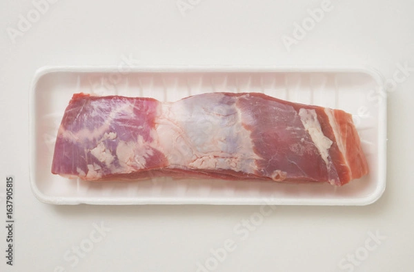 Obraz 흰색 배경 위에 스티로폼 트레이에 담긴 생삼겹살 조각
