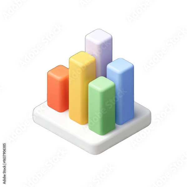 Fototapeta Colorful, 3D bar graph icon, showing increasing data values on a white base