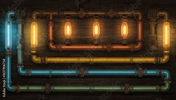 Obraz Industrial-style light fixture with pipes and warm incandescent lights