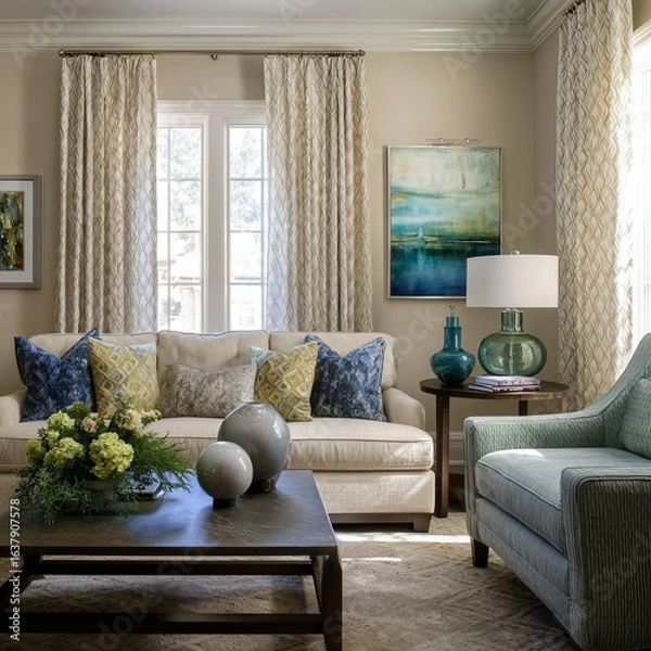 Fototapeta transitional living room, neutral base with patterned drapery, green-blue accessories and balanced symmetry 