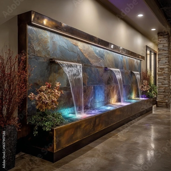 Fototapeta contemporary indoor wall-mounted artificial fountain, slate stone panel with cascading water, integrated LED lights changing color, surrounded by modern dÃ©cor and dried floral accents, spa-like atmos