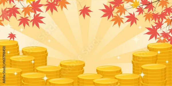Obraz 秋の紅葉と積み上がったコインの背景_ベクターイラスト
