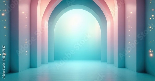 Fototapeta Abstract corridor features repeating arches. Soft turquoise, pink hues create dreamy, ethereal atmosphere. Light emanates from distant end.