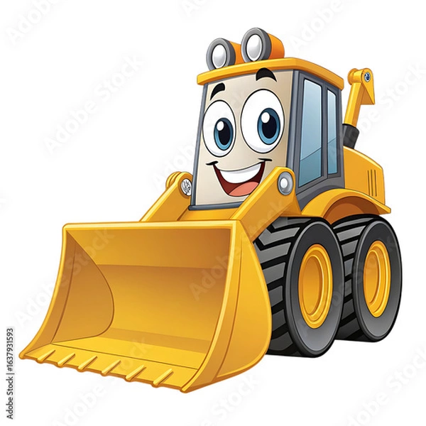 Fototapeta Cute Cartoon Bulldozer Loader Character, Yellow Construction Machine with Big Bucket