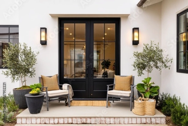 Fototapeta Elegant front porch adorned with potted plants and comfortable seating, creating a welcoming atmosphere for guests and homeowners alike
